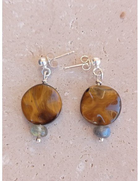 Boucles d'Oreilles Œil de Tigre et Labradorite - en argent 925