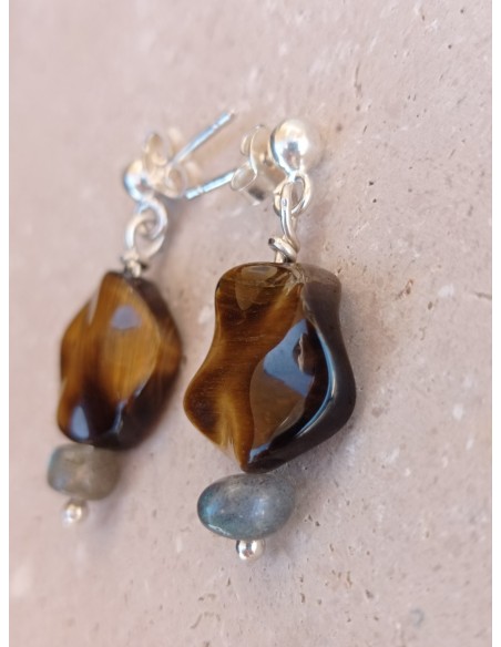 Boucles d'Oreilles Œil de Tigre et Labradorite - en argent 925