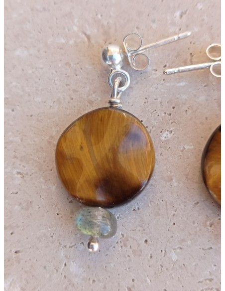 Boucles d'Oreilles Œil de Tigre et Labradorite - en argent 925