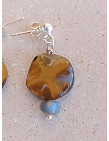 Boucles d'Oreilles Œil de Tigre et Labradorite - en argent 925