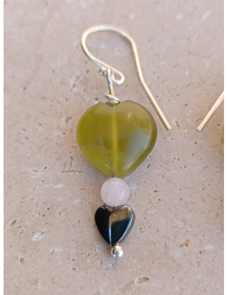 Boucles d'Oreilles Serpentine cœur Morganite et Hématite cœur - en argent 925