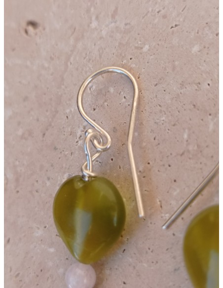 Boucles d'Oreilles Serpentine cœur Morganite et Hématite cœur - en argent 925