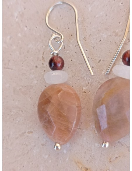 Boucles d'Oreilles Pierre du Soleil, Quartz Rose et Œil de Taureau