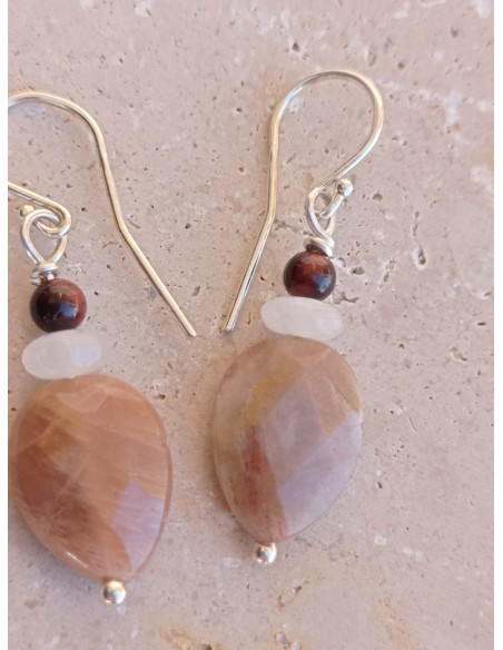 Boucles d'Oreilles Pierre du Soleil, Quartz Rose et Œil de Taureau