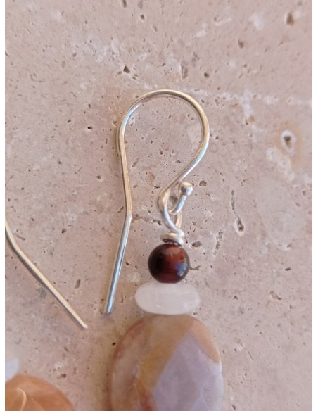 Boucles d'Oreilles Pierre du Soleil, Quartz Rose et Œil de Taureau