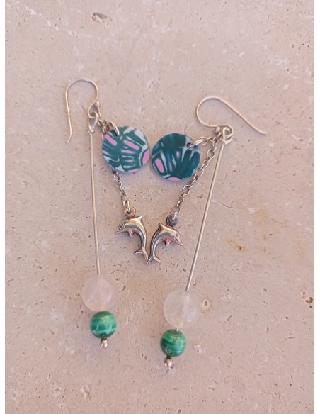 Boucles d'Oreilles Quartz Rose, Malachite et son Dauphin - en argent 925