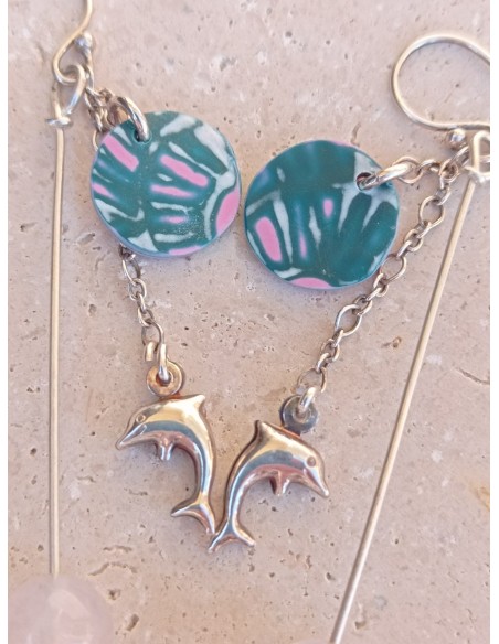 Boucles d'Oreilles Quartz Rose, Malachite et son Dauphin - en argent 925