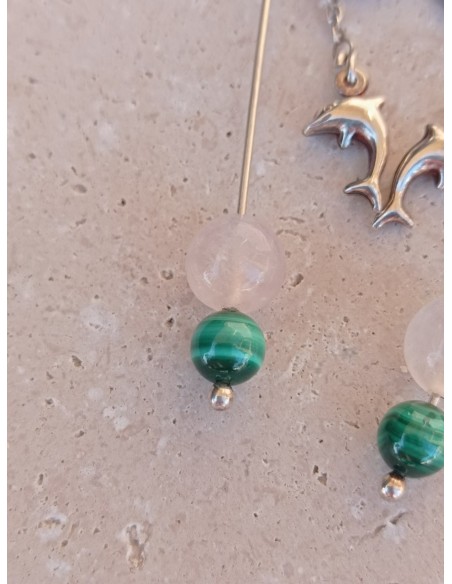 Boucles d'Oreilles Quartz Rose, Malachite et son Dauphin - en argent 925