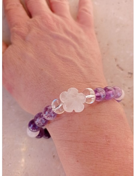 Bracelet Fleur de Quartz rose et Améthyste - 8mm