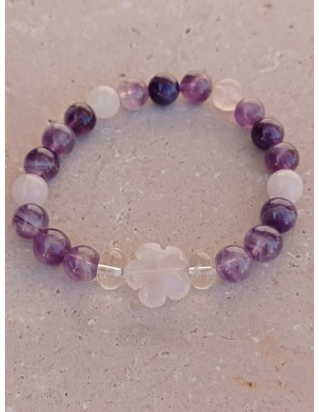Bracelet Fleur de Quartz rose et Améthyste - 8mm