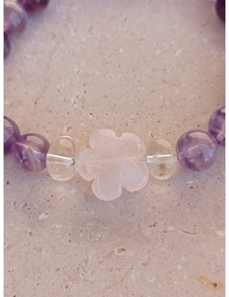 Bracelet Fleur de Quartz rose et Améthyste - 8mm