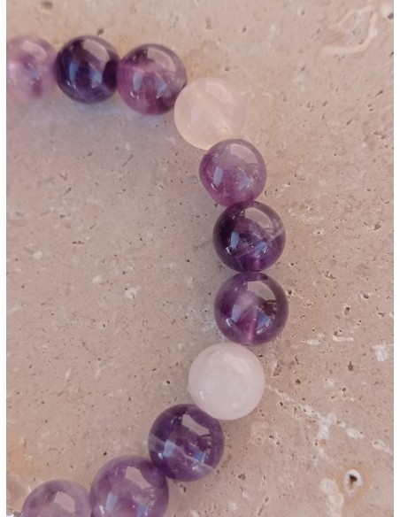 Bracelet Fleur de Quartz rose et Améthyste - 8mm