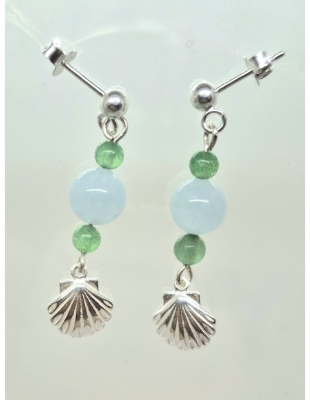 Boucles d'Oreilles Aigue marine aventurine et sa Coquille St Jacques
