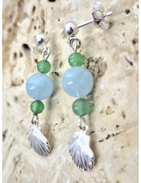Boucles d'Oreilles Aigue marine aventurine et sa Coquille St Jacques