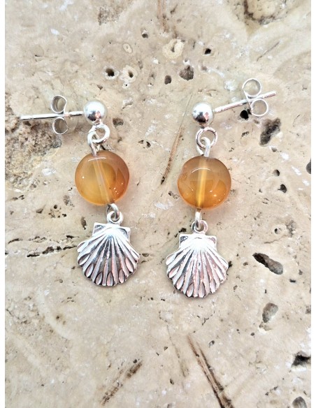 Boucles d'Oreilles en Cornaline et sa coquille St Jacques en argent 925