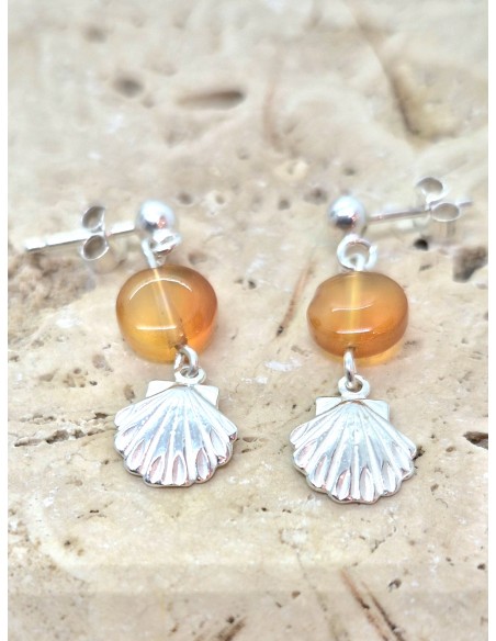 Boucles d'Oreilles en Cornaline et sa coquille St Jacques en argent 925
