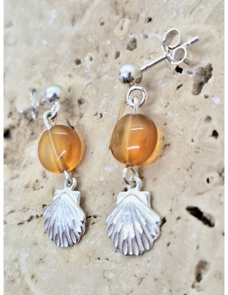 Boucles d'Oreilles en Cornaline et sa coquille St Jacques en argent 925