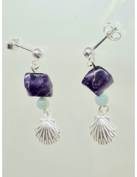 Boucles d'Oreilles Améthyste Amazonite et sa Coquille St Jacques en argent 925