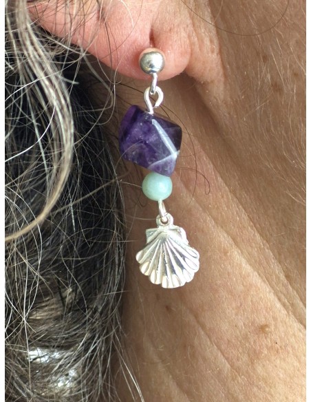 Boucles d'Oreilles Améthyste Amazonite et sa Coquille St Jacques en argent 925