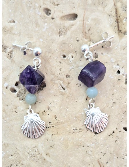 Boucles d'Oreilles Améthyste Amazonite et sa Coquille St Jacques en argent 925