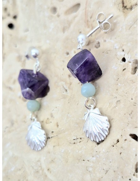 Boucles d'Oreilles Améthyste Amazonite et sa Coquille St Jacques en argent 925