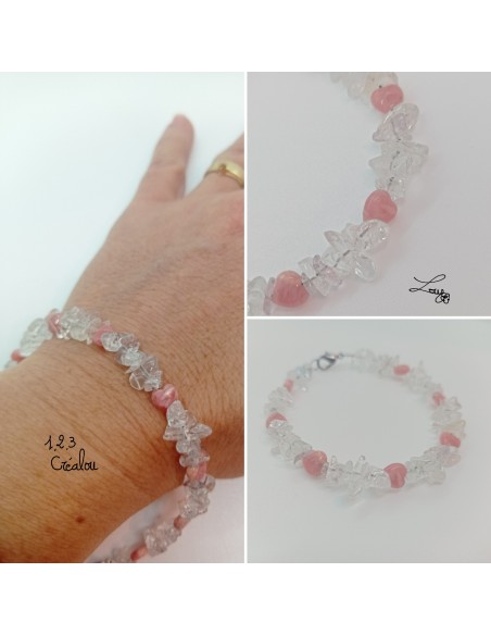 Bracelet Cristal de Roche et coeur Rhodochrosite - Collection Câble et Chips